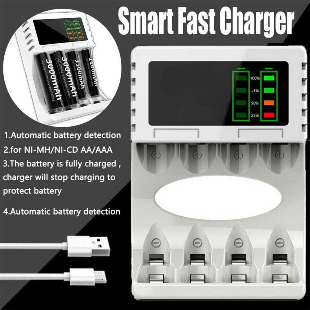 4 Slots LCD AA AAA Rechargeable Battery Charger For NIMH NICD Batteries white
