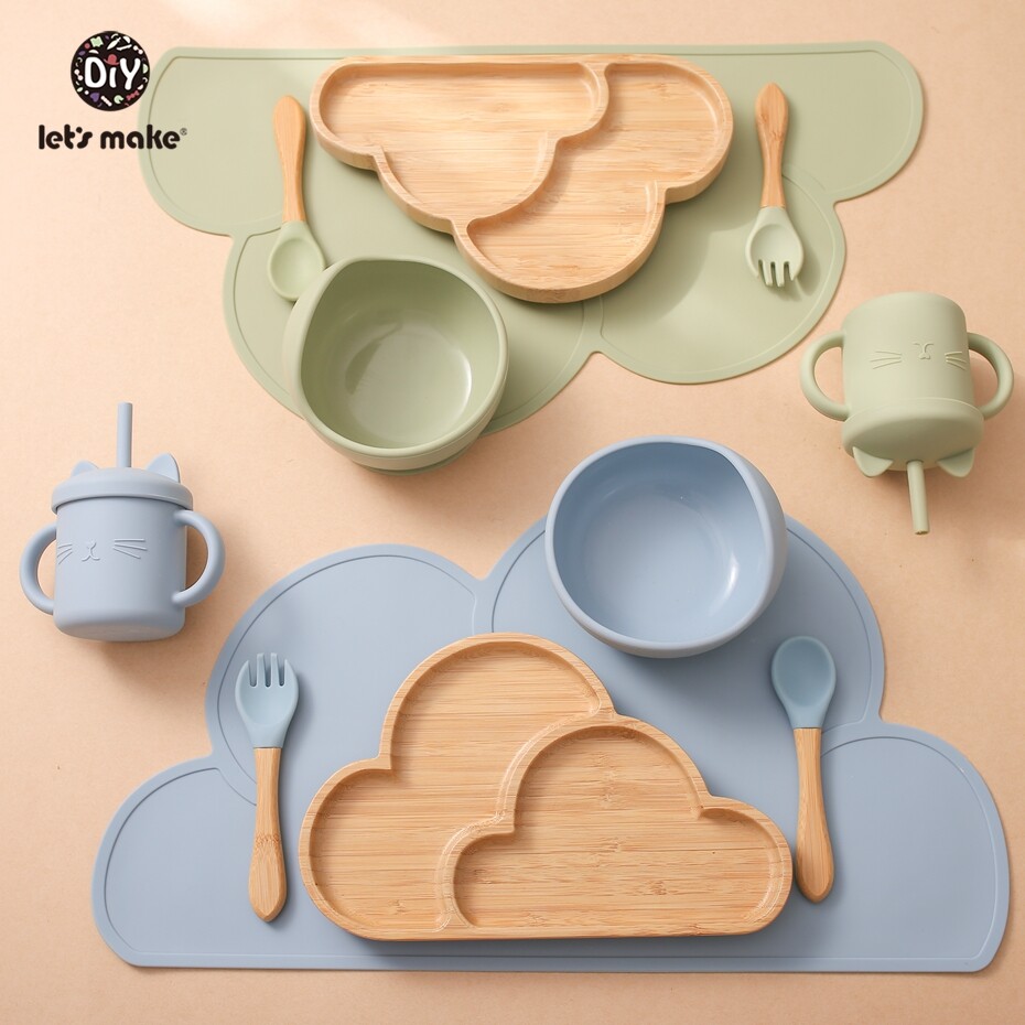 Let's Make Baby Feeding Essentials 6pcs/set Silicone Suction Bowl Bamboo Cloud Plate Toddler First Meal Gift