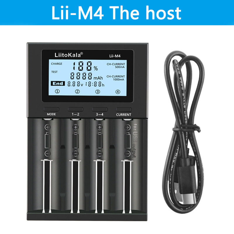 LIITOKALA LII-M4 4 Slots Batter-y Charger with LCD Display for 18650 26650 14500 AA AAA Lithium NiMH Batte-ry Smart Rechargeable Batte-ry Charger