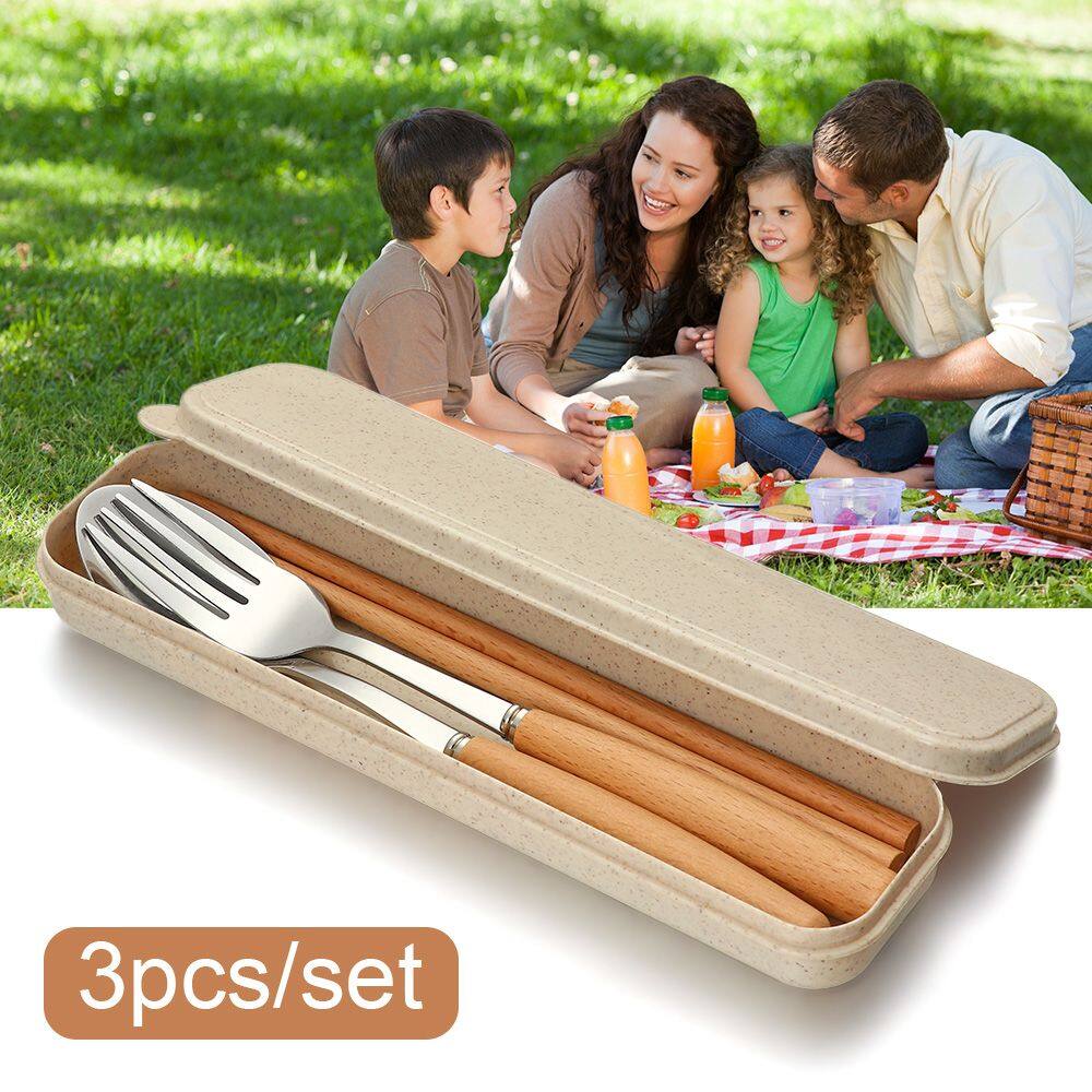 YH4F 3pcs Outdoor Travel Spoon Wooden Handle Stainless Steel Fork Utensils Tableware Flatware Set Cutlery Set
