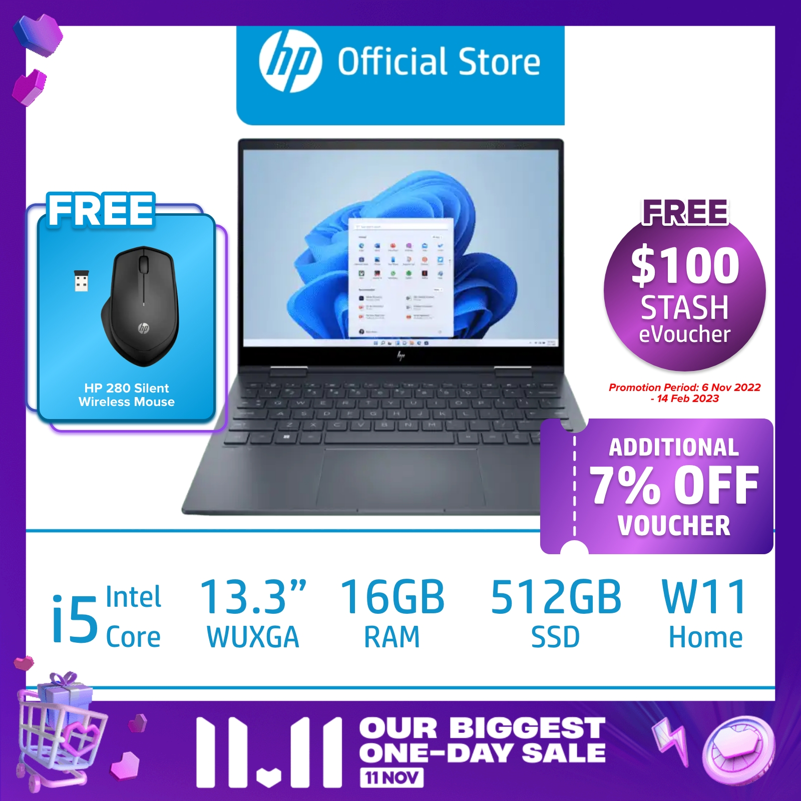 HP ENVY x360 2-in-1 Laptop 13-bf0066TU / Intel Core i5-1230U / Intel Iris X Graphics / 16GB RAM / 512 GB SSD / 1 Year Limited Warranty / McAfee LiveSafe Included / Multi-touch screen