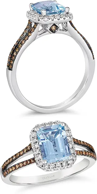 3/8 Carat Diamond and 1 1/5 Carat Green Emerald or Blue Aquamarine Split Shank Halo Ring for Women 14k White Gold