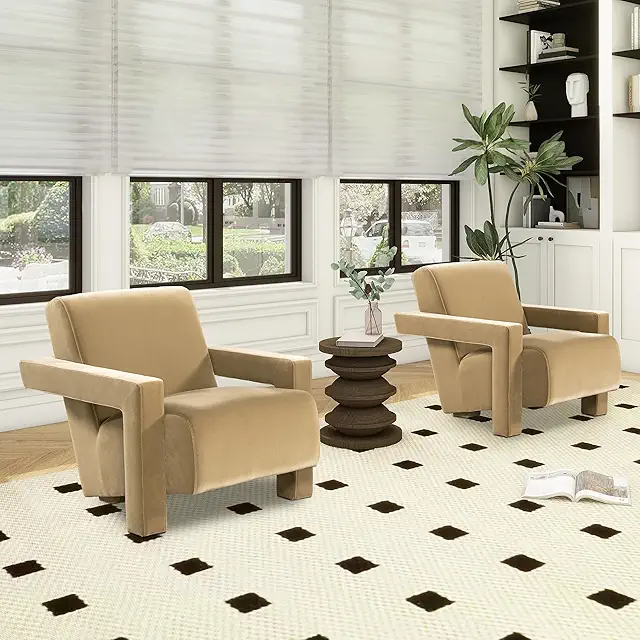 Set of Two Ethan 28.5" Fully Upholstered Accent Arm Chairs, Camel Brown Beige Performance Velvet