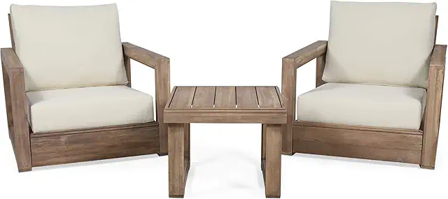 Rowan, Brown and Beige Outdoor 3 Piece Acacia Wood Chat Set