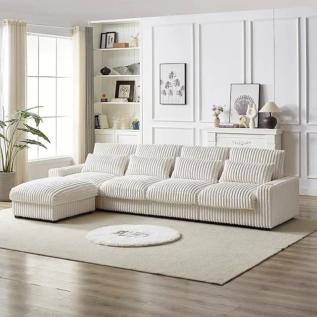126" Oversized Corduroy Modular Sectional Sofa Filled with Down, L Shaped Comfy Corner Couch with Removable Ottoman