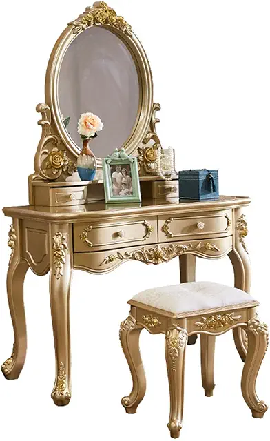 Vanity Table with Large Oval Mirror, Luxury European Style Makeup Desk with 2 Drawers and Stool